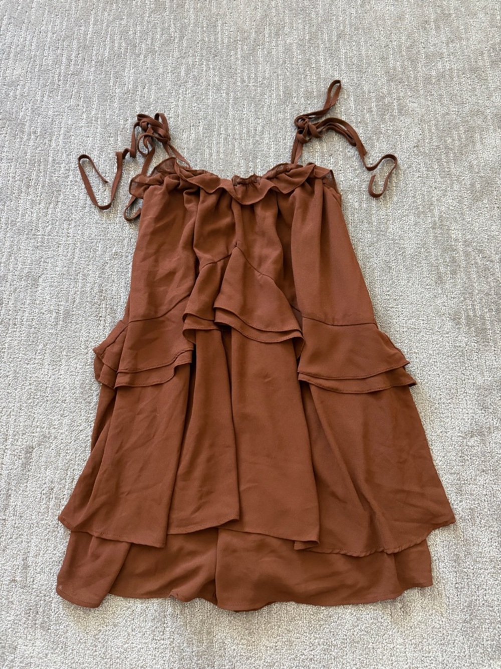 Ruffled Tie-Shoulder Brown Tiered Romper